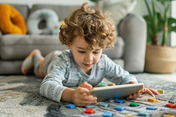 A young boy is laying on the floor playing with a tablet