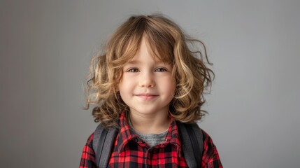 A tight shot of a child's face, clad in a red and black checked shirt, with a black backpack nearby