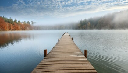 Serenity in the Mist: Wooden Jetty Bridge at a Foggy Autumn Lake"