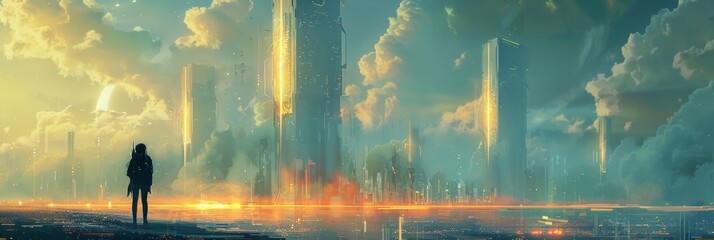 Person Standing in Front of Futuristic City