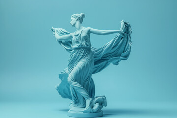 3d rendering of ancient greek -roman statue Dance performance  . Creative concept colorful neon image with teal- light blue color background, fashionable, trendy ,isolated background