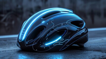 Sleek cycling helmet with neon accents, paired with advanced gloves featuring AI sensors, Cyberpunk, 3D, Electric blue, Highperformance gear