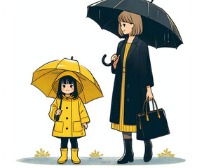 雨傘をさす母と娘