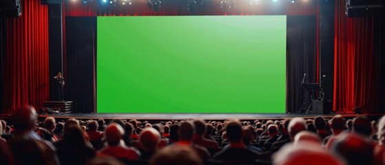 Perspective view from the audience of a music theatre stage with a green screen, including wide copy space at the bottom - Powered by Adobe