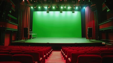 Perspective shot from the stage looking out to the audience in a music theatre with a green screen, and copy space above
