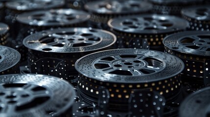 Close focus on the detailed and complex structure of film reels, arranged to capture the essence of cinema for a Film Festival