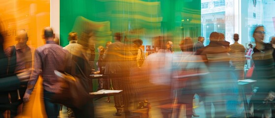Closeup of a crowd at a book signing, motion blur of people passing by, with a green screen behind the authors table