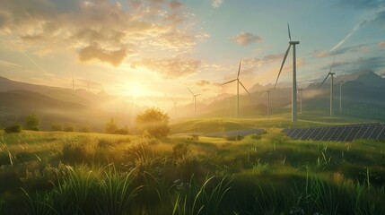 Obraz premium Wind turbines, solar panels in a stunning landscape symbolize clean energy advances.