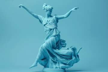 Obraz premium 3d rendering of ancient greek -roman statue Dance performance . Creative concept colorful neon image with teal- light blue color background, fashionable, trendy ,isolated background