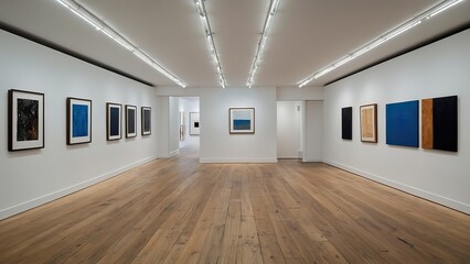 Fototapeta premium Modern gallery space with white walls, hardwood floors, and framed artworks on display