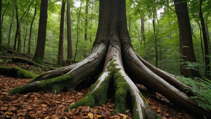 Fototapeta premium A gnarled tree root protrudes from the forest floor in a serene, moss covered woodland