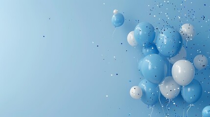  Blue and white balloons with confetti and streamers float against a blue backdrop