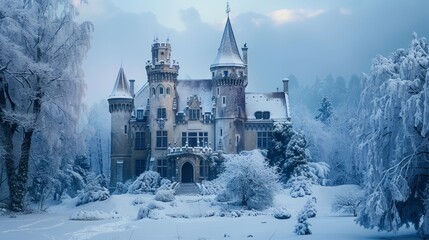 Intimate shot of a Magic Castle in a snowy setting, fantasy winter wonderland with delicate snow details, isolated for clarity