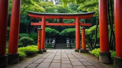 A majestic torii gate standing tall at the entrance to a serene, lush Japanese garden