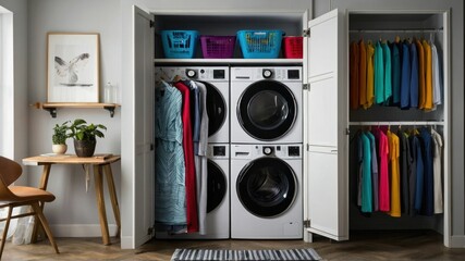 Laundry room organizer with compartments for sorting items, neat and clean aesthetic, functional