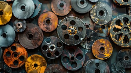 Fototapeta premium Film reels in close-up, emphasizing their intricate design and function, a visual tribute for a Film Festival, isolated setting