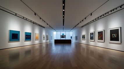 Obraz premium Modern gallery exhibiting abstract art in a minimalist, well lit space