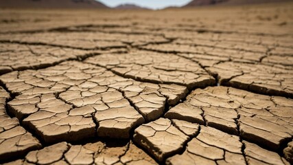 A close up of parched soil cracked and fissured from prolonged drought