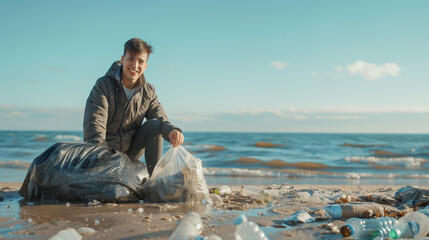 The concept of responsibility and care for the environment. Pollution of the sea coast. A young guy is sitting on the beach