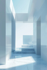 Minimalist 3D white and blue interior design background with an open space