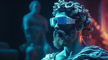 A greek statue using neon virtual reality vr headset.