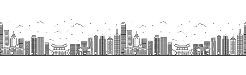 Seamless pattern with outline Hong Kong China City Skyline. Modern Buildings Isolated on White. Hong Kong Cityscape with Landmarks.