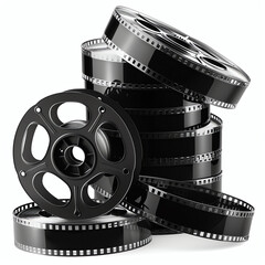 Film reels stacked together, showcasing vintage cinematic materials against a light background