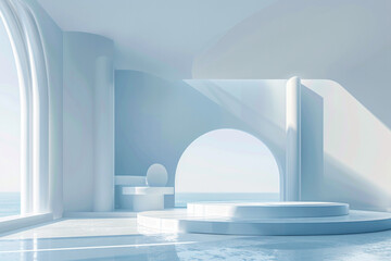 Minimalist 3D white and blue interior design background with an open space