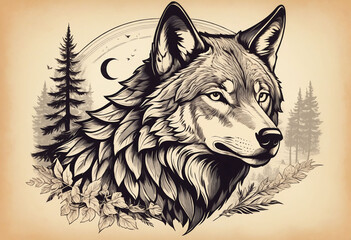 Noble wolf in graphic style, sketch vintage illustration