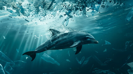 Fototapeta premium A dolphin swimming in the ocean with plastic garbage floating around it. Pollution of the ocean and coast. Environmental protection