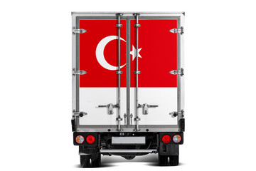 A truck with the national flag of  Turkey depicted on the tailgate drives against a white background. Concept of export-import, transportation, national delivery of goods