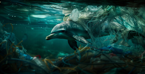A dolphin swims in a dark dirty ocean full of various debris. The concept of environmental pollution 