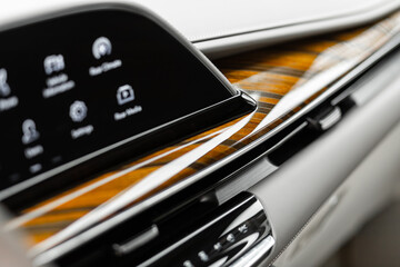 Close-up of a luxury car panel made of natural wood and leather