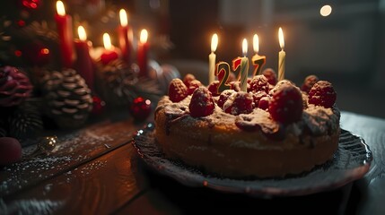 A close-up view of a cake featuring candles in the shape of the number "27", with each candle emitting a soft glow against the dark background
