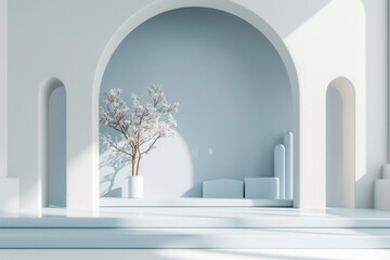 Minimalist 3D white and blue interior design background with an open space