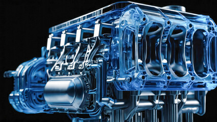 Close-up of a modern transparent car engine