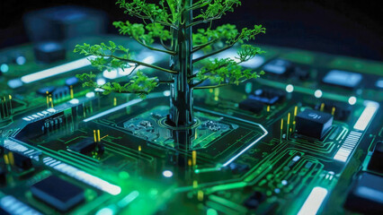 Green tree on microcircuit board. Biotechnology and science concept backgroun