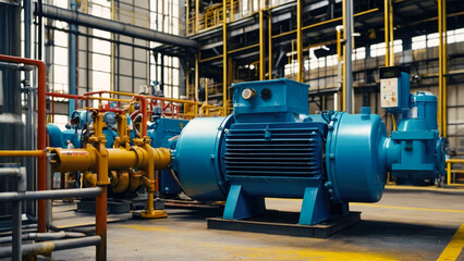 Blue industrial water pump with asynchronous electric motor on a dark background