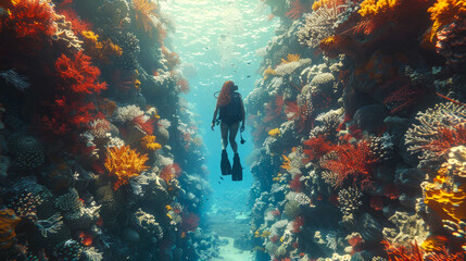 Scuba diver in the deep blue sea underwater with fishes and corals