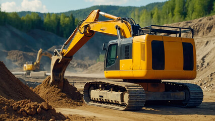 Excavator at work on a construction site. Backhoe digs a trench for laying sewer pipes