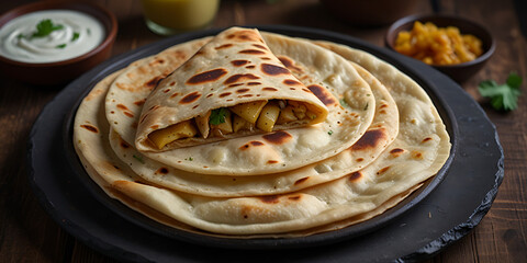 food photo of paratha bread dish on black plate with sauce and leaves. indian food is a popular choice for many people
