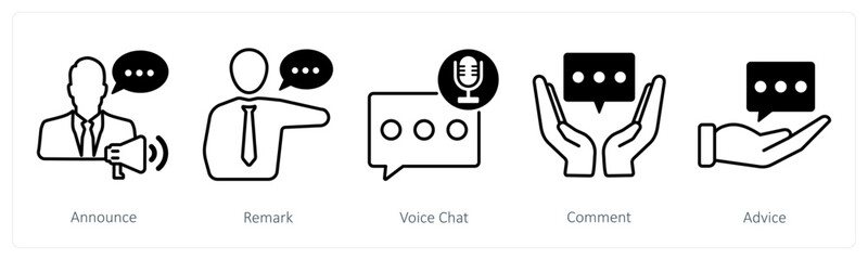 A set of 5 communication icons as announce, remark, video chat
