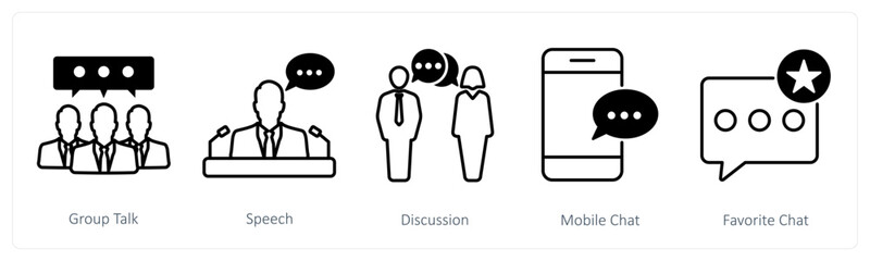 A set of 5 communication icons as group talk, speech, discussion, mobile chat