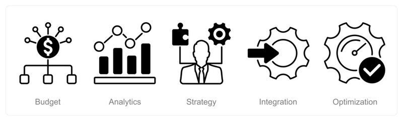 A set of 5 Project Management icons as budget, analytics, strategy