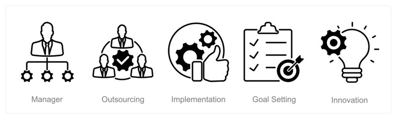 A set of 5 Project Management icons as manager, outsourcing, implementation