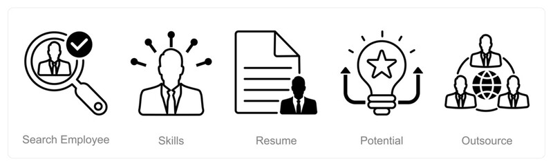 A set of 5 recruitment icons as search employee, skills, resume