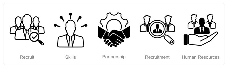 A set of 5 recruitment icons as recruit, skills, partnership, recruitment