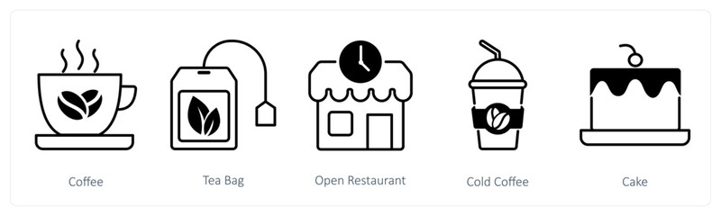 A set of 5 Restaurant icons as coffee, tea bag, open reataurant
