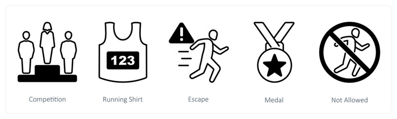 A set of 5 Running icons as competition, running shirt, escape