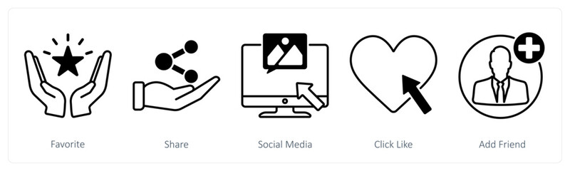 A set of 5 Social Media icons as favorite, share, social media